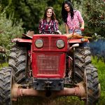 Two attractive female farmers driving the tractor in the orchard